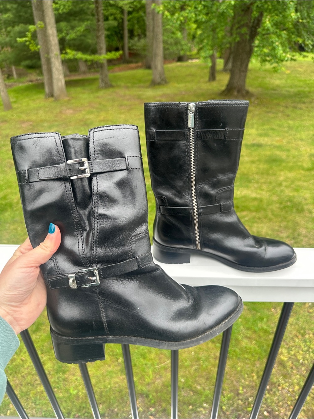 Michael Kors Black Leather Mid-Calf Lace-Up Buckle Boots
